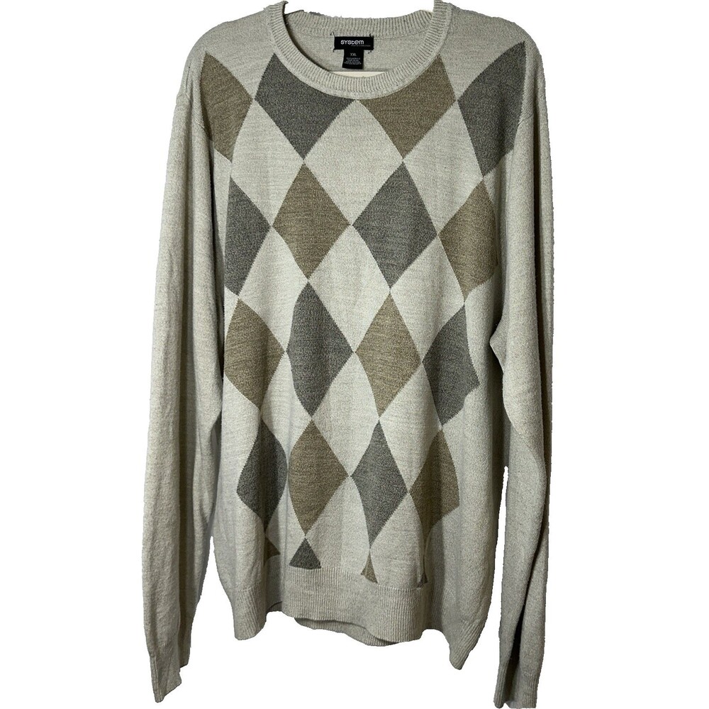 System Collection Sweater XXL Men's Argyle Diamond Print Crew Long SL Casual